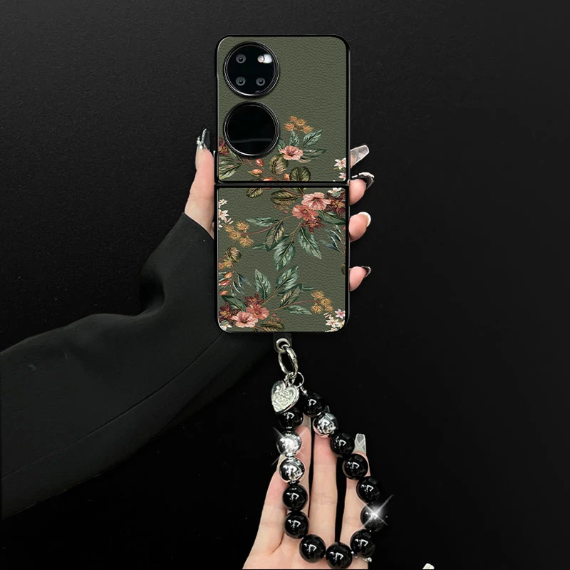 适用华为pockets手机壳繁花绿叶小羊皮折叠壳全包简约保护套