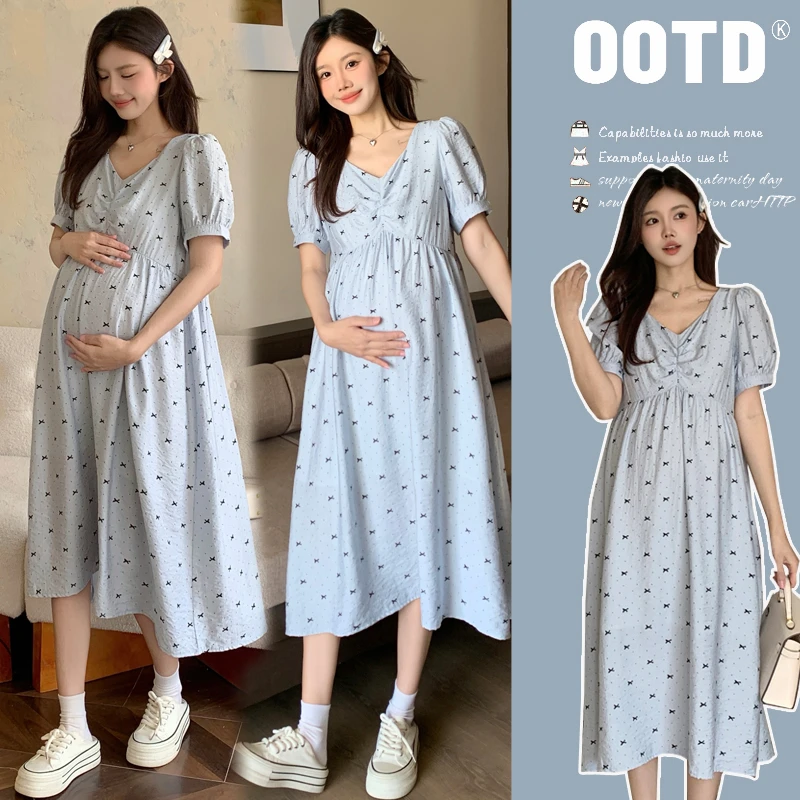 2025夏季孕妇装新款法式浪漫时尚遮肚显瘦气质孕妇连衣裙中长款