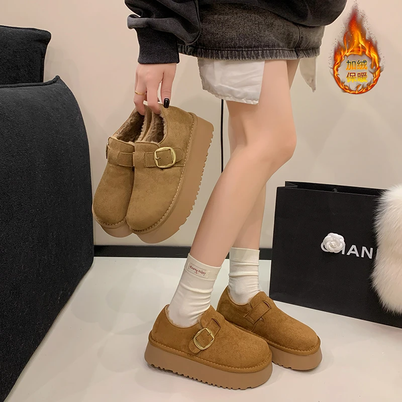 增高5CM厚底勃肯鞋女2025秋冬款毛毛鞋加绒保暖棉鞋雪地靴~曼曼