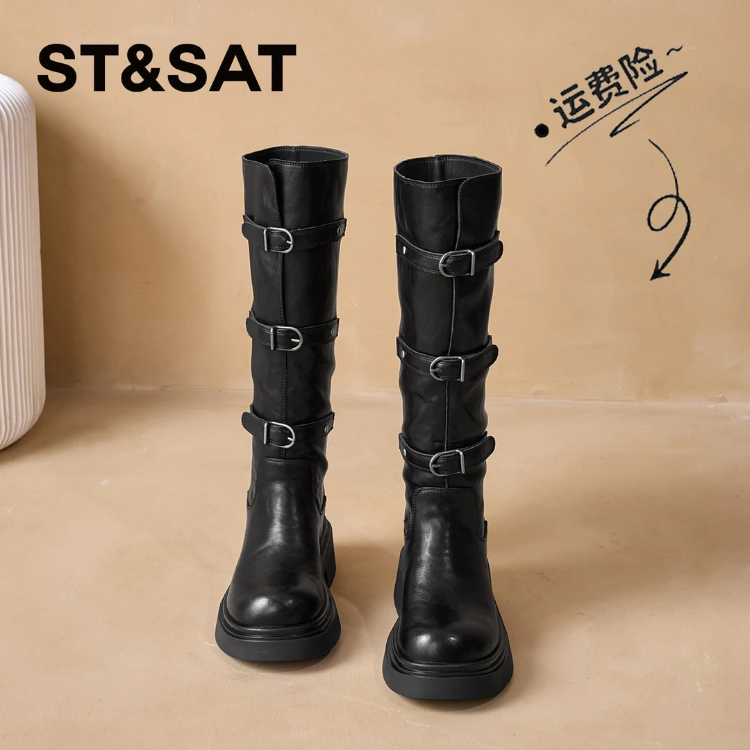 星期六增高5.5CM长筒靴女士2025秋冬新款官方正版大头皮扣时装靴