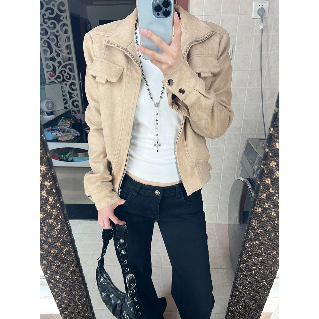 美式复古麂皮绒短款外套女秋季2025新款宽松休闲百搭机车夹克上衣