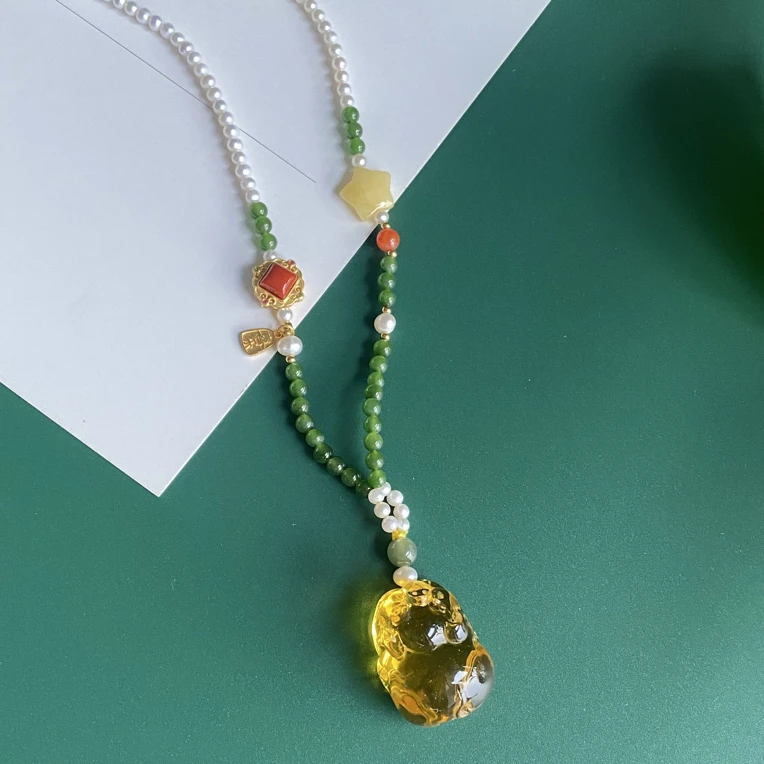 天然琥珀金猪蜜蜡星星项链时尚百搭项链