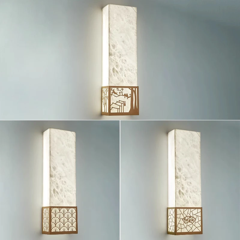 新中式全铜云石壁灯客厅走廊卧室床头书房背景墙国风大气全铜壁灯