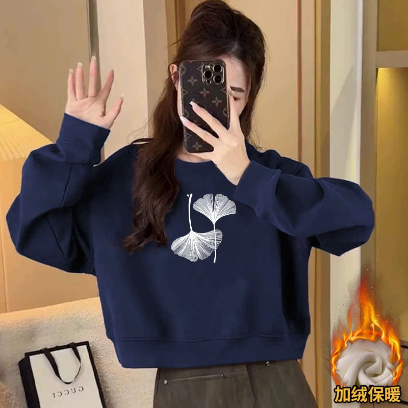 加绒/不加绒华棉秋冬新款宽松圆领外套女设计感高腰百搭短款卫衣