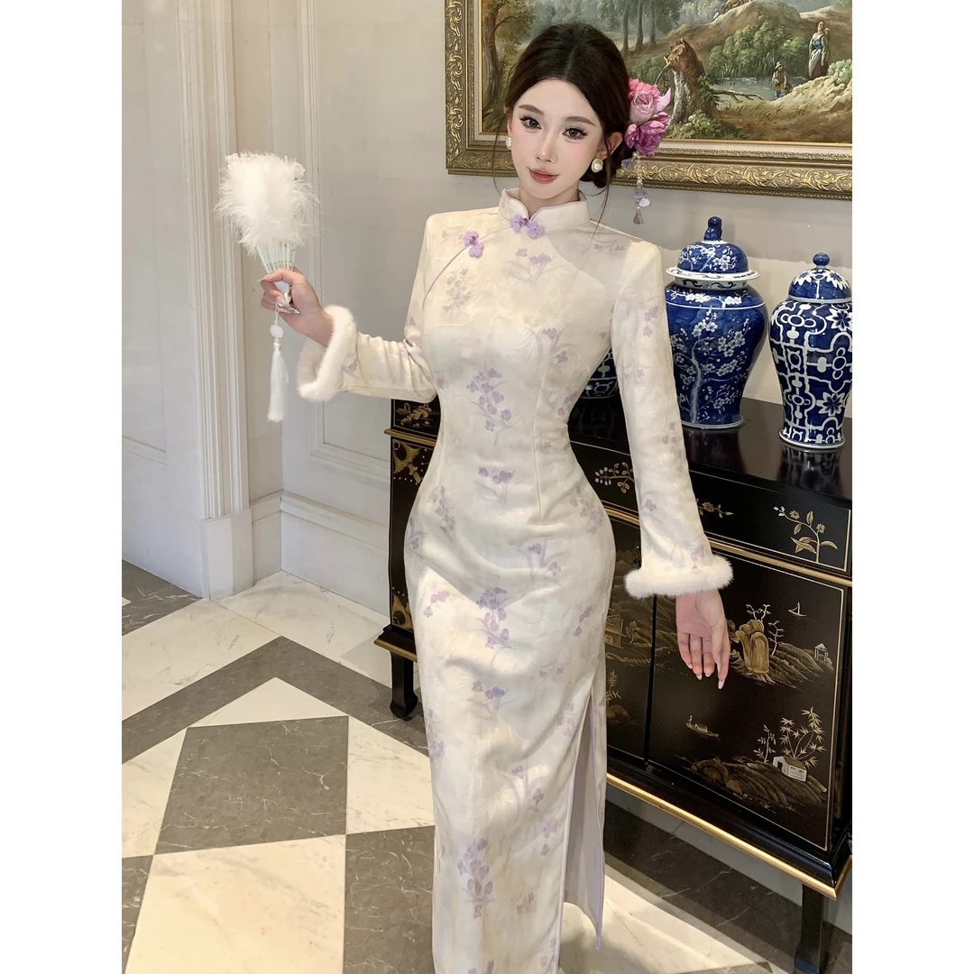 绝美米白色旗袍冬款加绒加厚2025新款新中式高级感少女日常年轻款