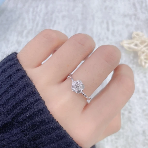 925银戒指 925银素白立体小玫瑰花戒指