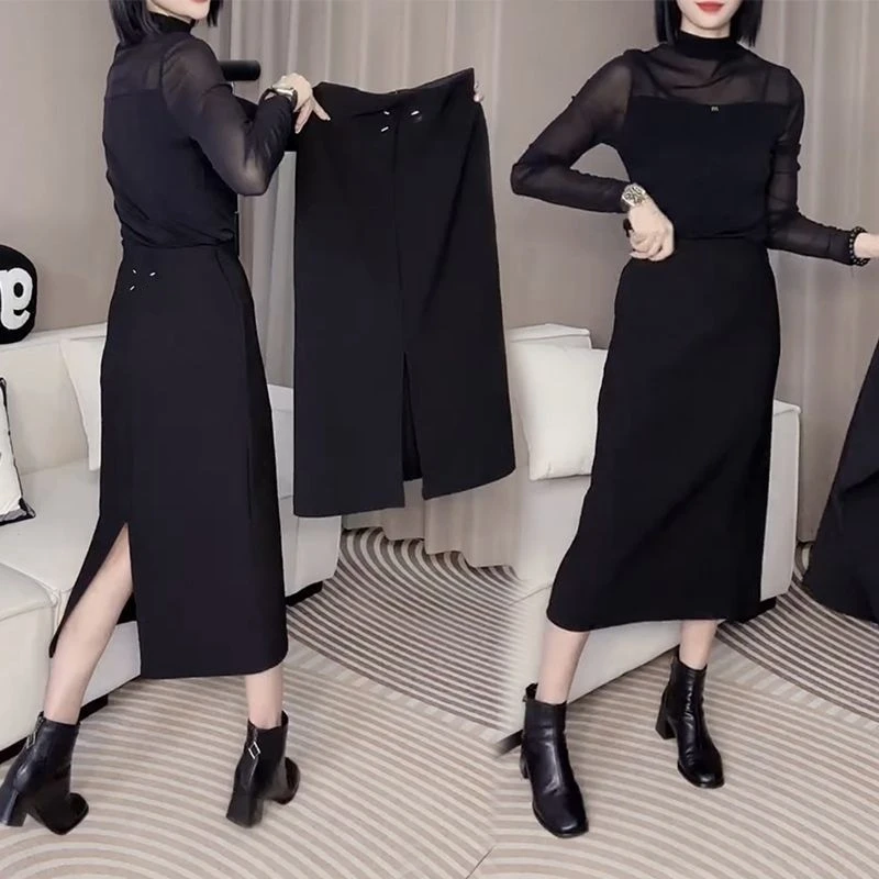 爆款西装中长款新款2025显瘦直筒气质黑色裙子高腰后开叉包臀裙女