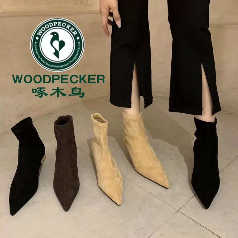 啄木鸟法式尖短靴女2025秋季新细跟绒面瘦瘦裸靴网红弹力袜马丁靴
