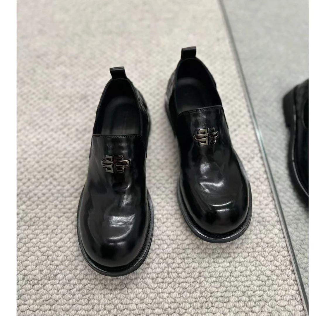 東•Dongzi 高奢丨欧货定制小钢标油蜡打褶一脚蹬皮鞋336