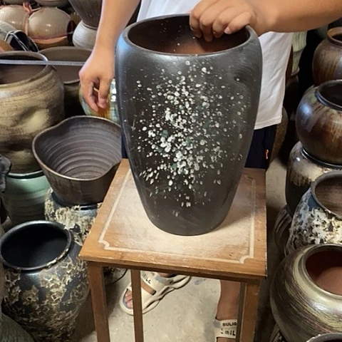 紫砂花盆口19高度33黑烟花