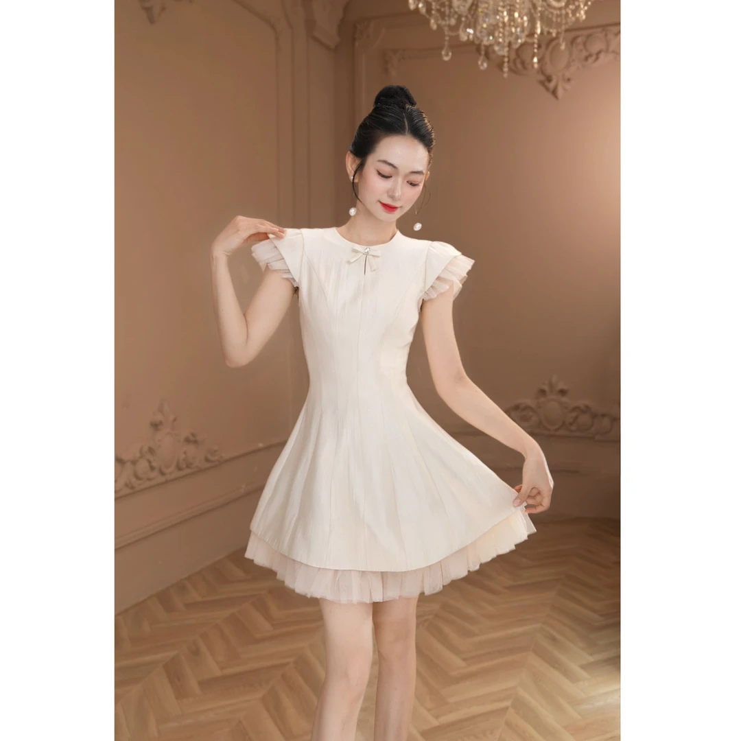 【设计师定制】法式夏季时尚减龄蝴蝶结拼接网纱显瘦连衣裙11564