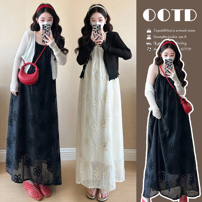 MOMO月月2025新品刺绣超仙吊带宽松长款连衣裙孕妇气质裙