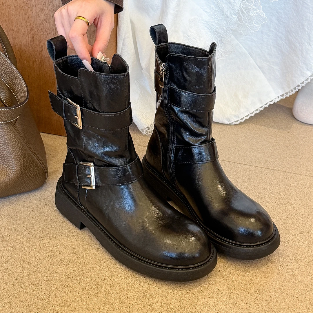 elingstudio 轻甜范本！高级感黑色皮带扣骑士靴