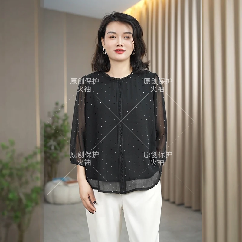 火袖F739气质简约烫钻上衣女2025早春新款宽松七分袖百搭大码小衫