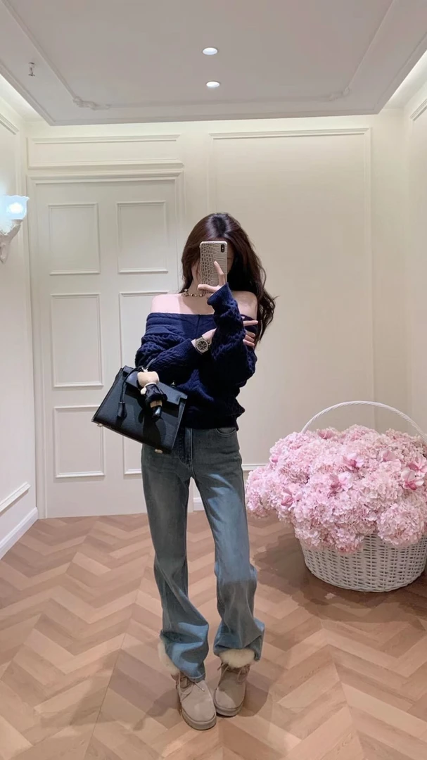 韩系麻花一字领毛衣女秋冬新款高级感慵懒针织衫高腰百搭休闲裤