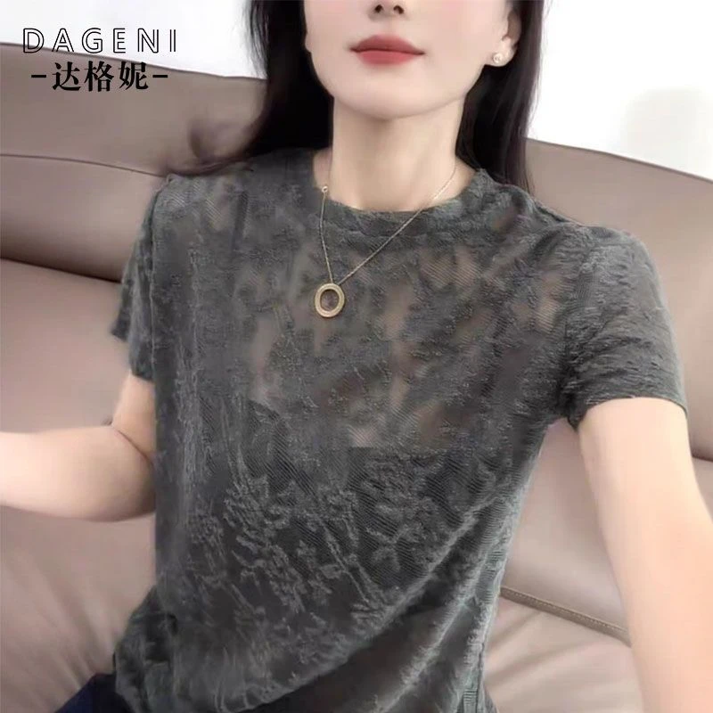 微透提花蕾丝短袖t恤女2025夏季新款性感薄款针织上衣女人味小衫