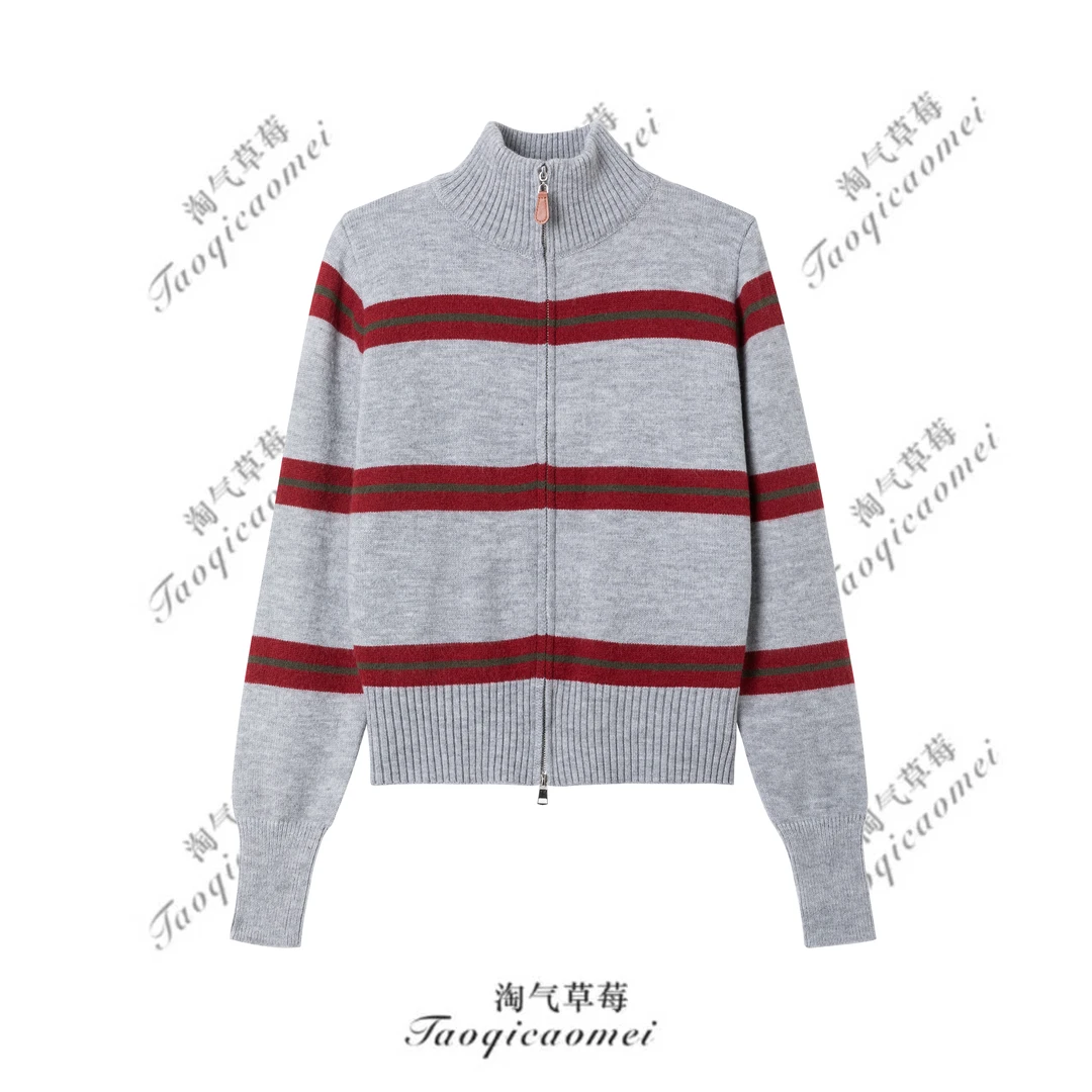 Taoqicaomei · 撞色条纹polo半高领毛衣女秋冬韩系双拉链针织外套
