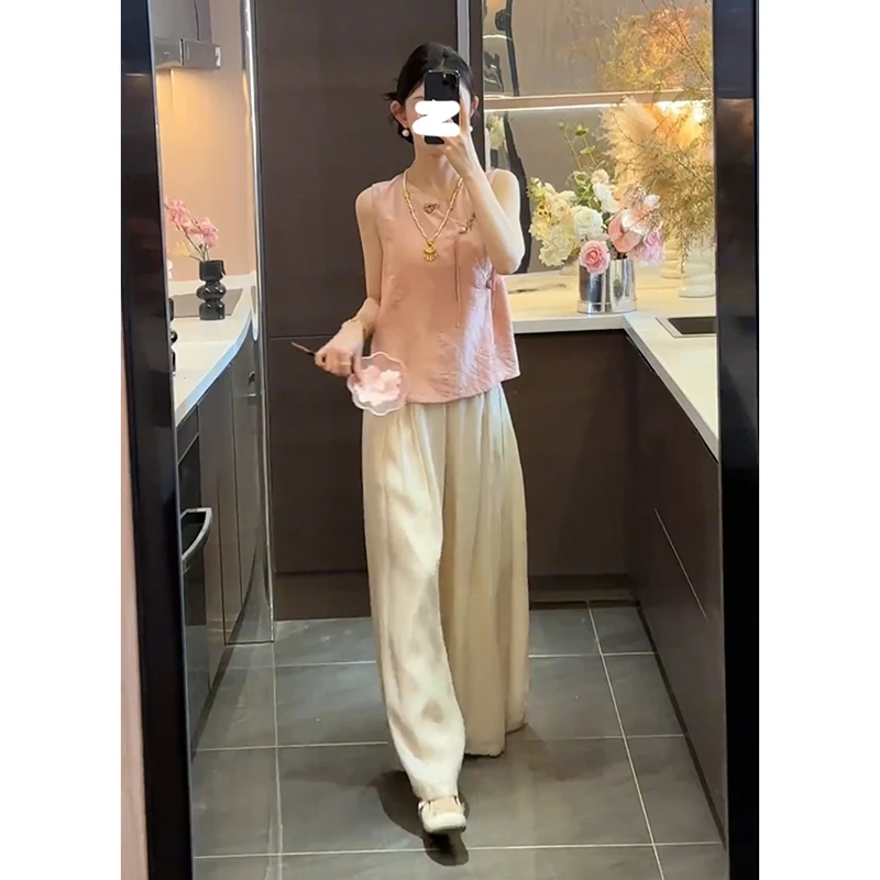 新中式国风套装女2025夏季精致感提花盘扣无袖上衣阔腿长裤两件套
