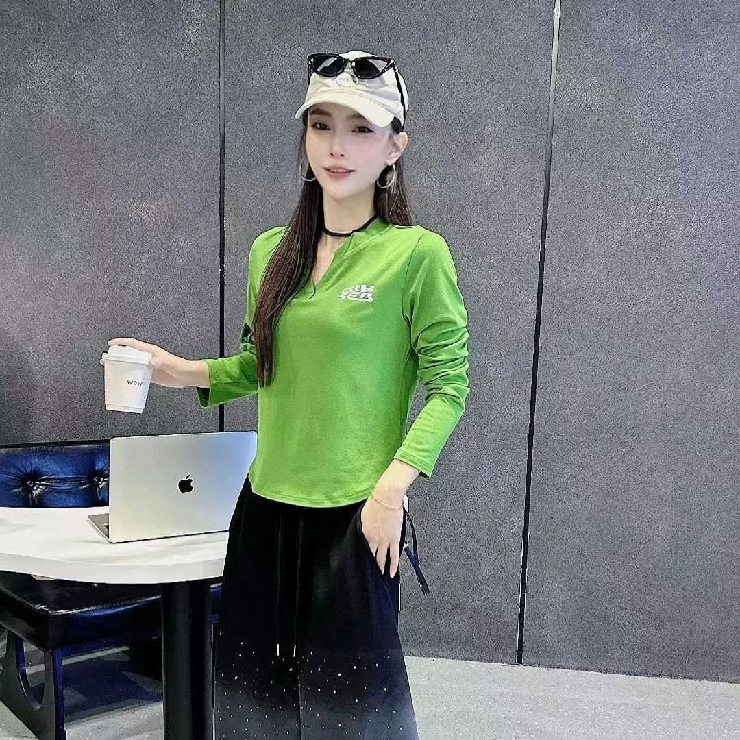 新品3922款莫代尔棉长袖V领字母修身型T恤时尚休闲