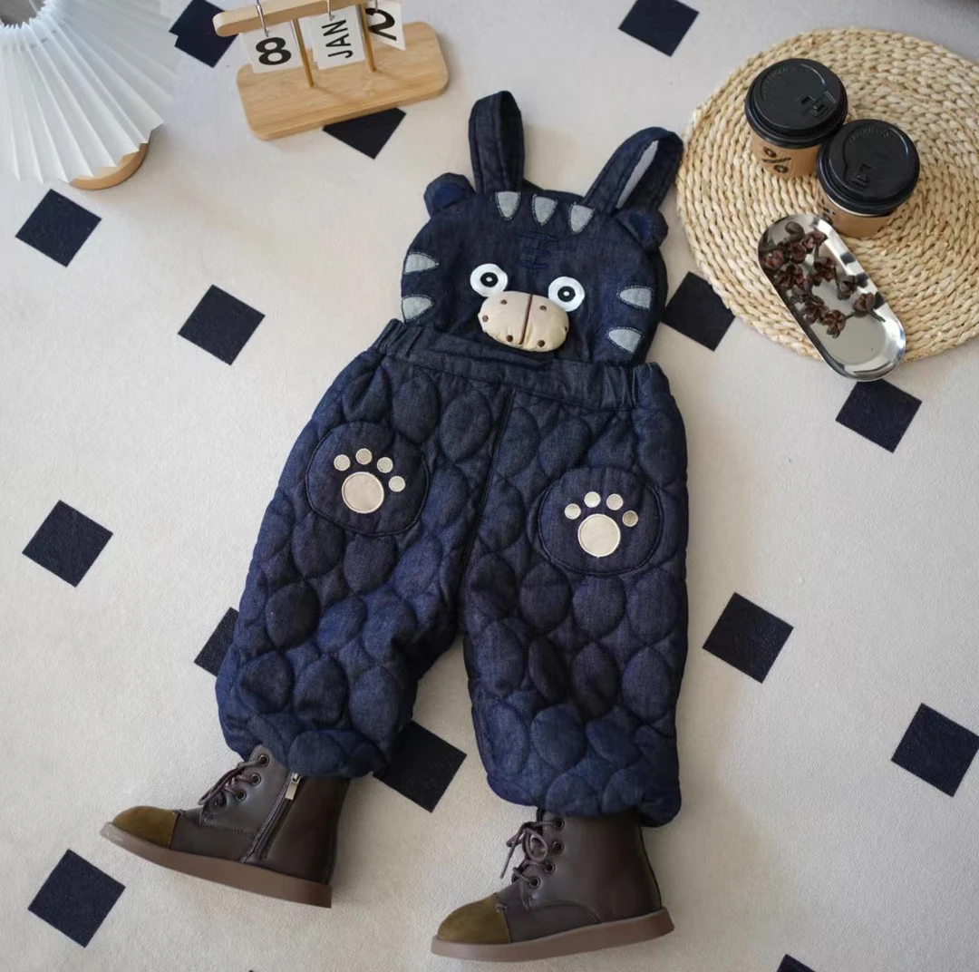 儿童秋冬韩版卡通立体小老虎加厚牛仔背带裤SQ1534