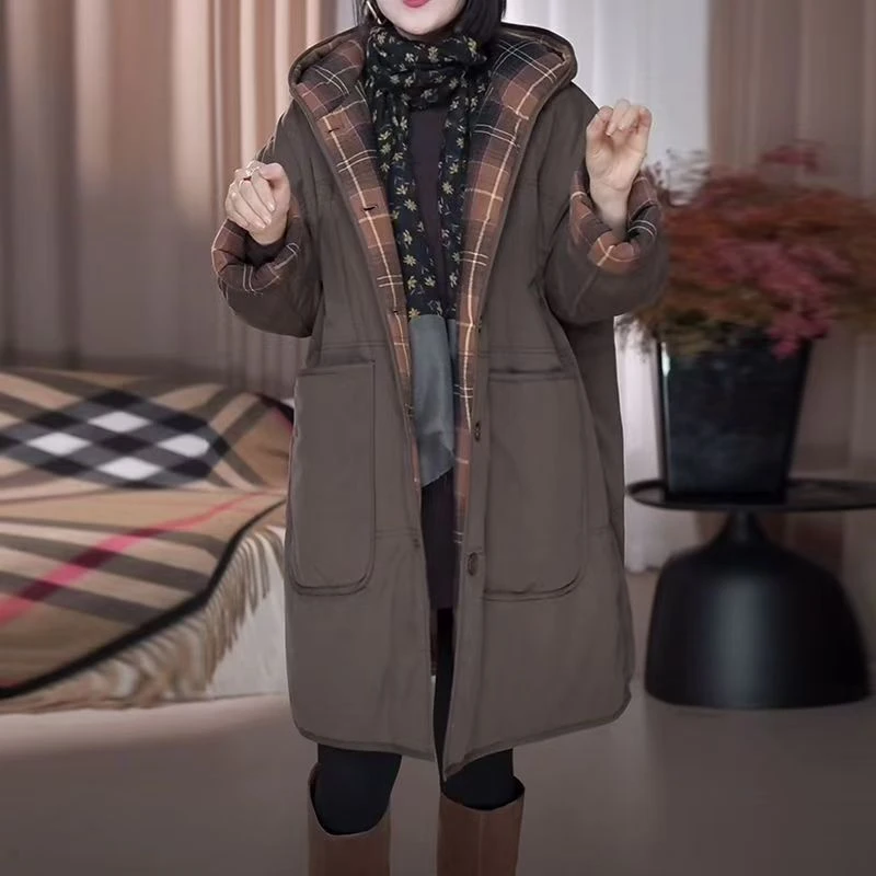 高档轻奢连帽棉服外套女2025秋冬新款大码宽松休闲中长款气质棉衣