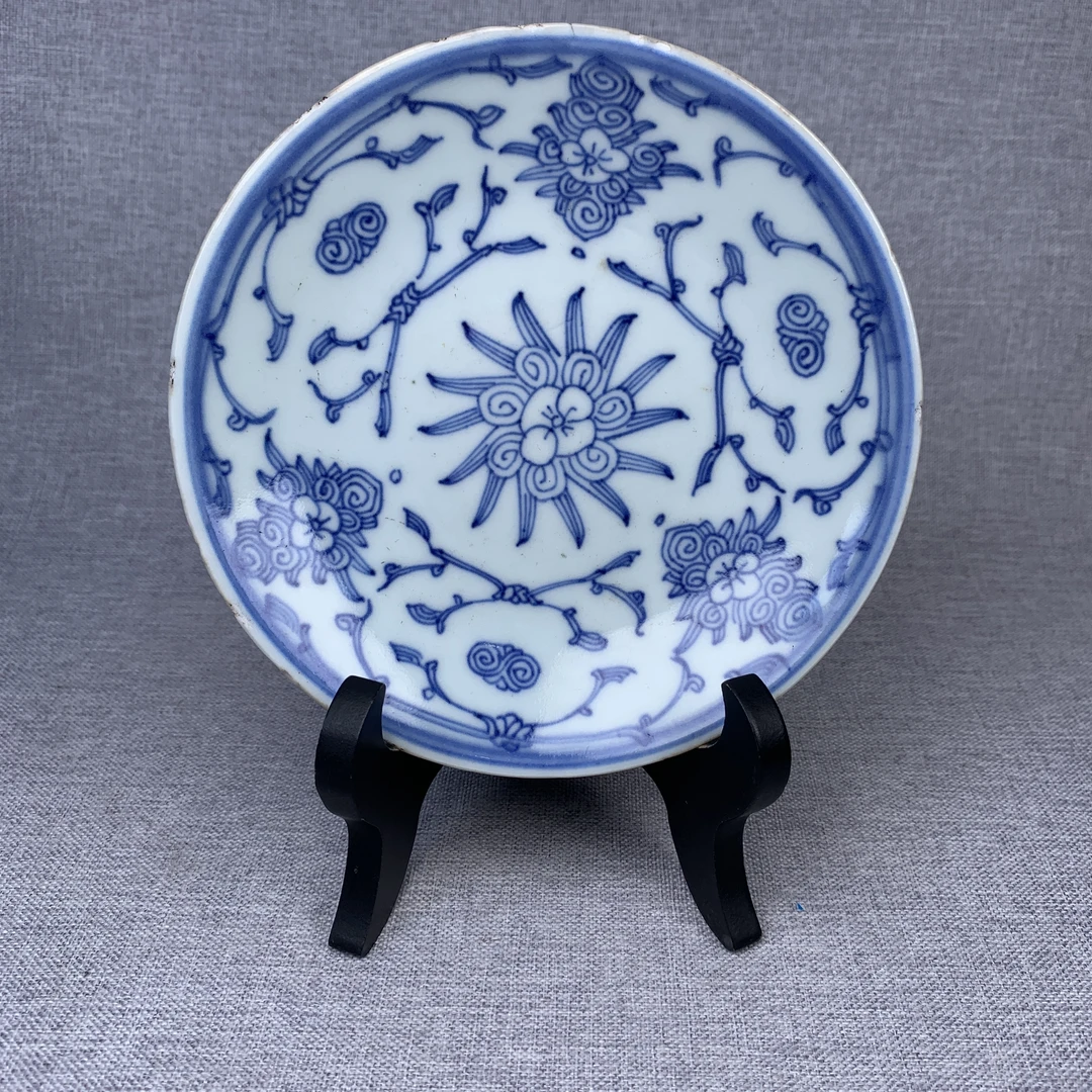 清代青花缠枝莲纹盘古瓷器真品国营镇江市文物商店库出3068152