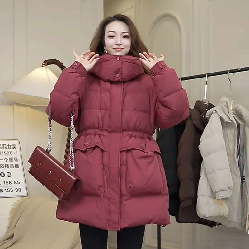 收腰三角标连帽外套羽绒服气质百搭中长款韩版加厚女冬季时尚显瘦