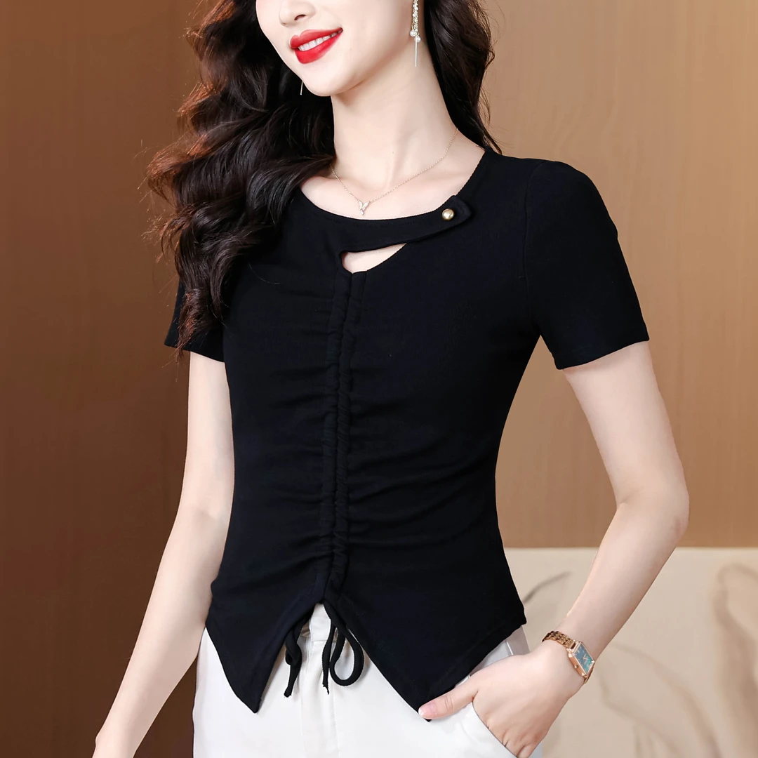 法式夏季减龄小众不规则开叉褶皱抽绳设计短袖T恤女修身显瘦上衣