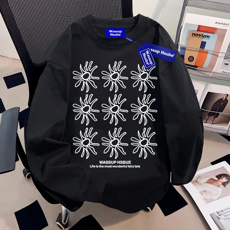 WASSUP HSUBE 美式复古设计感花卉印花秋冬季长袖T恤宽松男女休闲