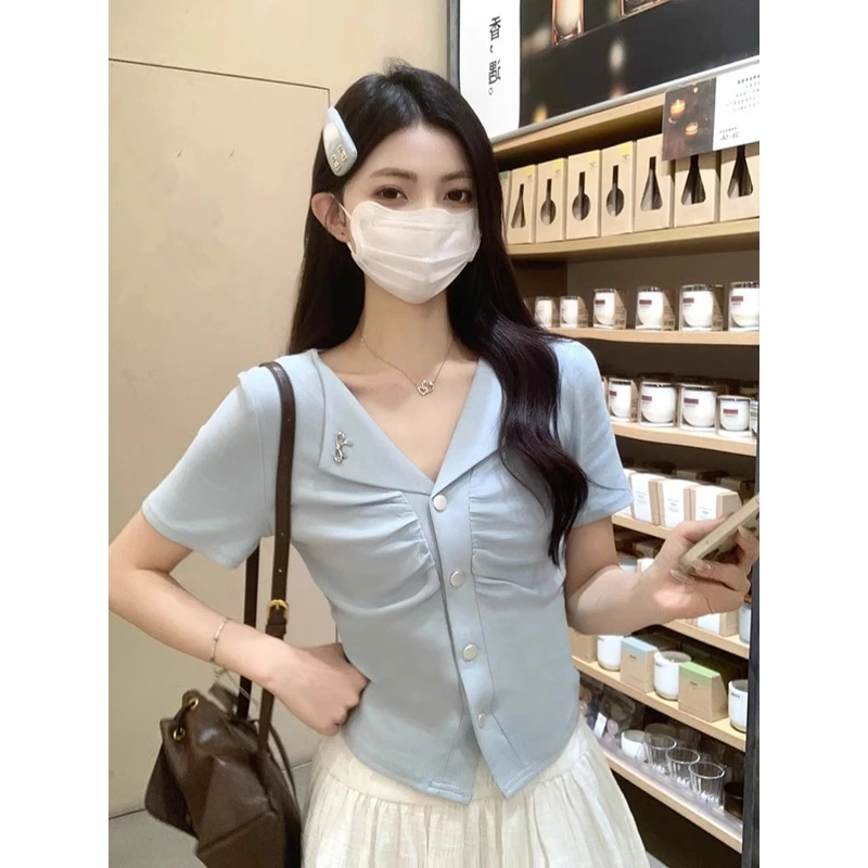 【大码】671别致短款T恤女夏季修身不规则设计辣妹小衫短款上衣