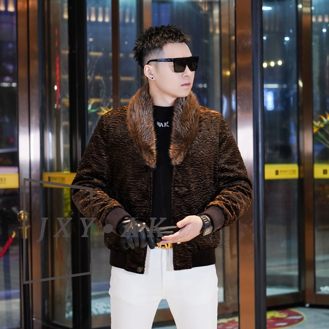 2025冬季男士老钱感贵气水波纹海狸毛加厚外套鹅绒蓄热保暖羽绒服