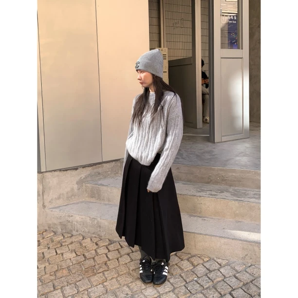 ONNI毛呢半身裙冬2025新款百搭高腰显瘦a字百褶裙中长款裙子#6125