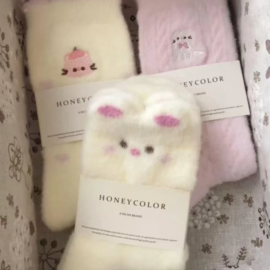 【五双】粉紫色猫咪仿貂绒袜女秋冬加厚可爱提花中筒袜保暖睡眠袜yw