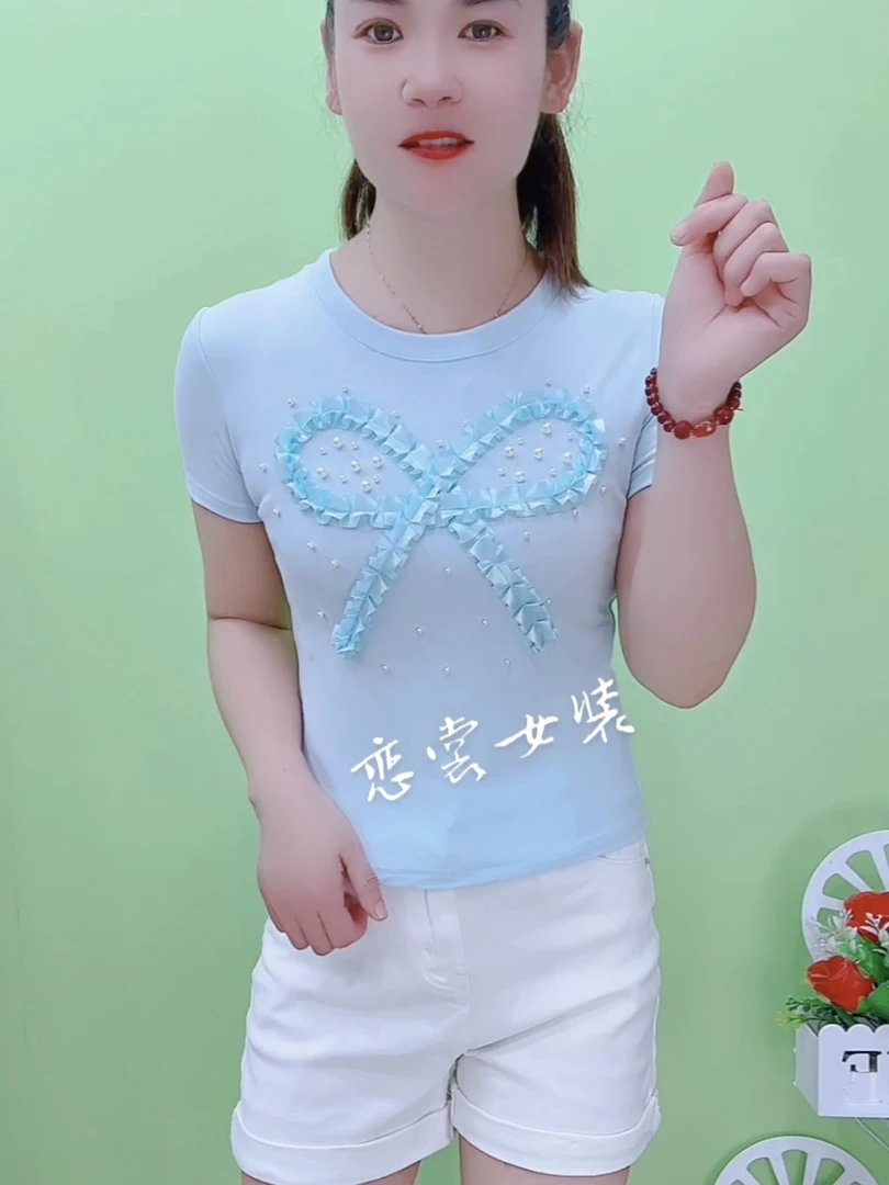 洋气短袖圆领纯色夏季减龄蝴蝶结钉珠小个子百搭时尚短款T恤