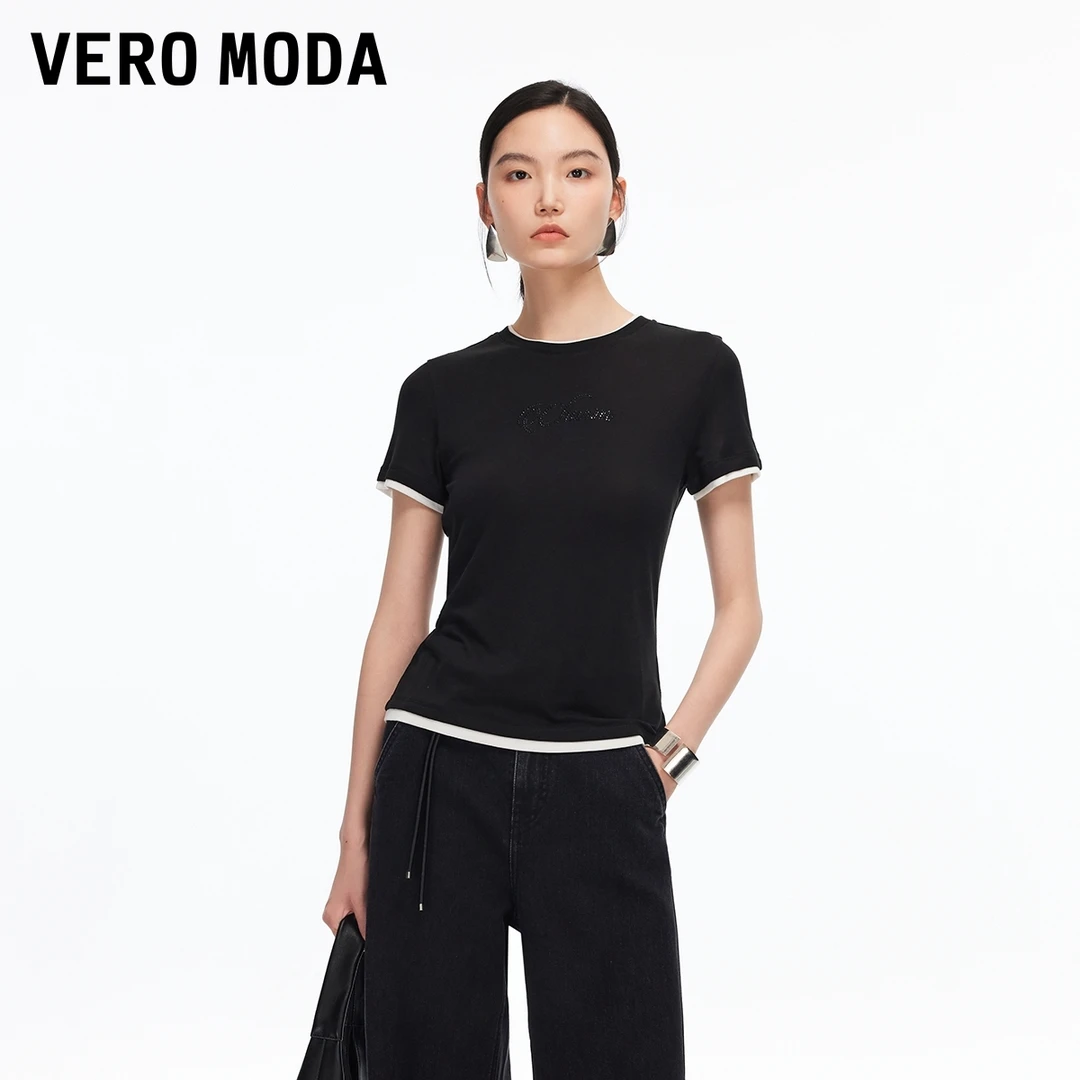 Vero ModaT恤2025秋季新款撞色拼接水钻上衣百搭通勤325301011
