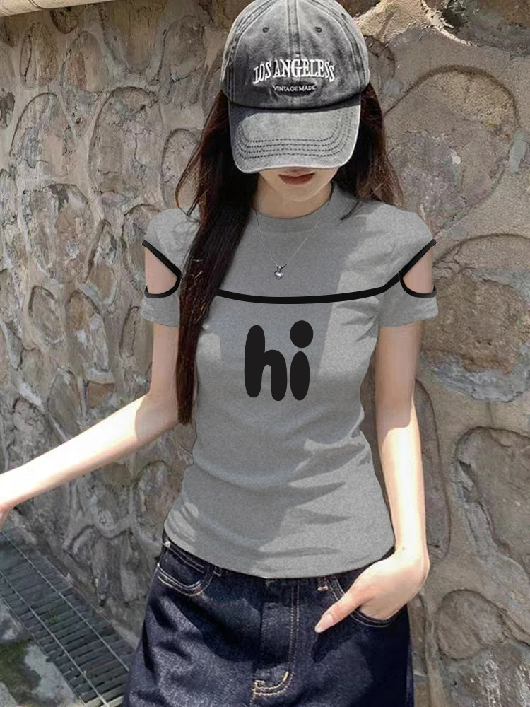 美式露肩圆领t恤灰色小众夏季修身显瘦短袖女洋气拼色百搭打底衫