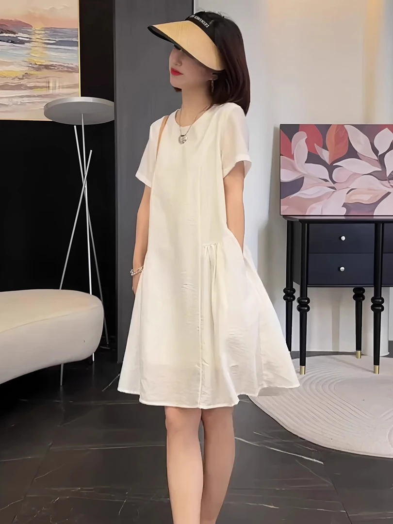 圆领气质短袖连衣裙女装2025新款夏季轻奢高级感今年流行爆款裙子