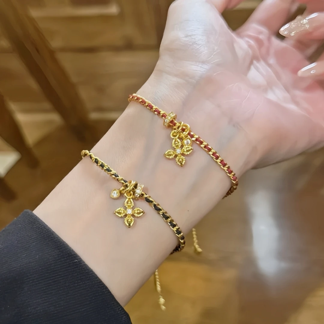 铜合金锆石手链 国潮星星十字杵花编织红绳手链