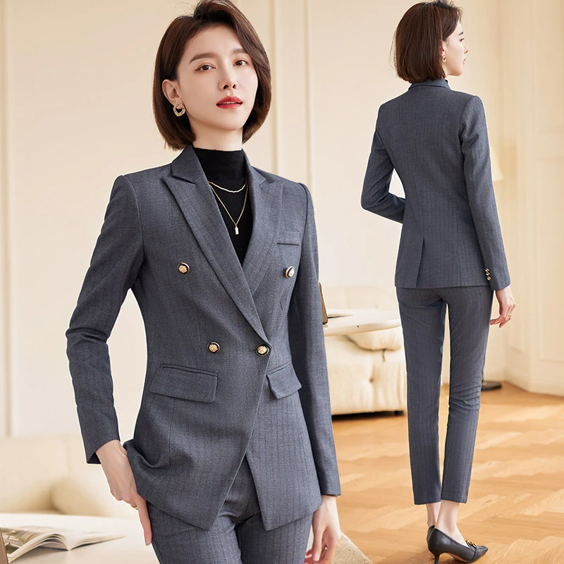 灰色西装外套女秋冬酒店前台经理正装工作服职业气质条纹西服套装