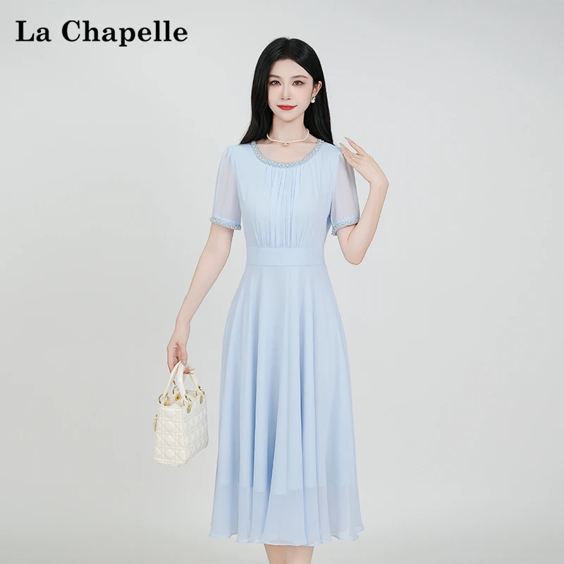 【拉夏贝尔】夏季法式设计感显瘦松紧腰显瘦短袖连衣裙