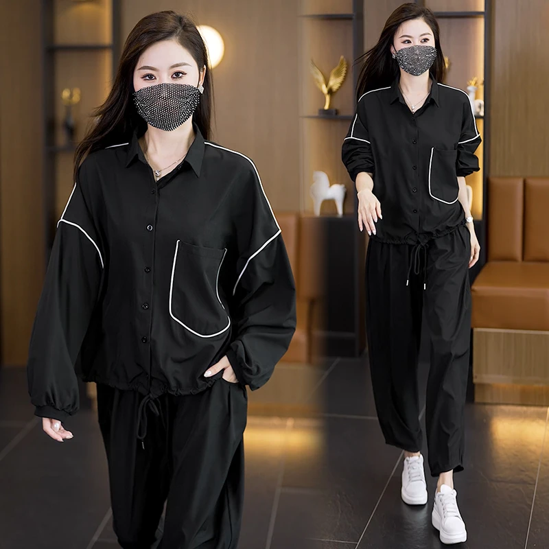 休闲运动套装秋季长袖韩版大码气质黑色显瘦时尚洋气修身两件套