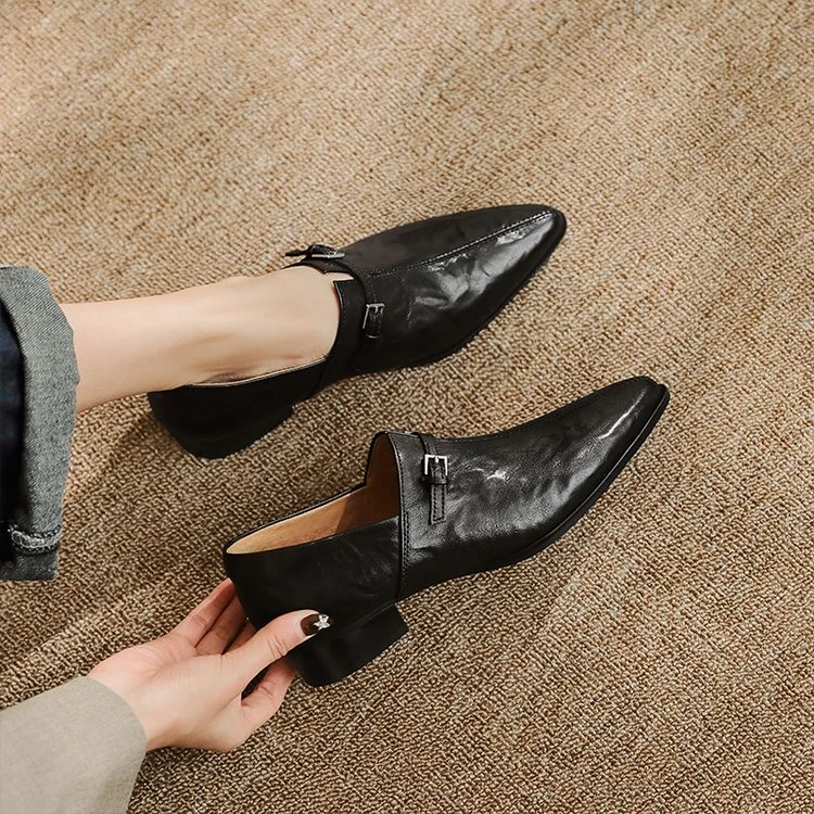 法式时尚/头层羊皮低跟小皮鞋女2025新款春秋百搭尖头深口单鞋女