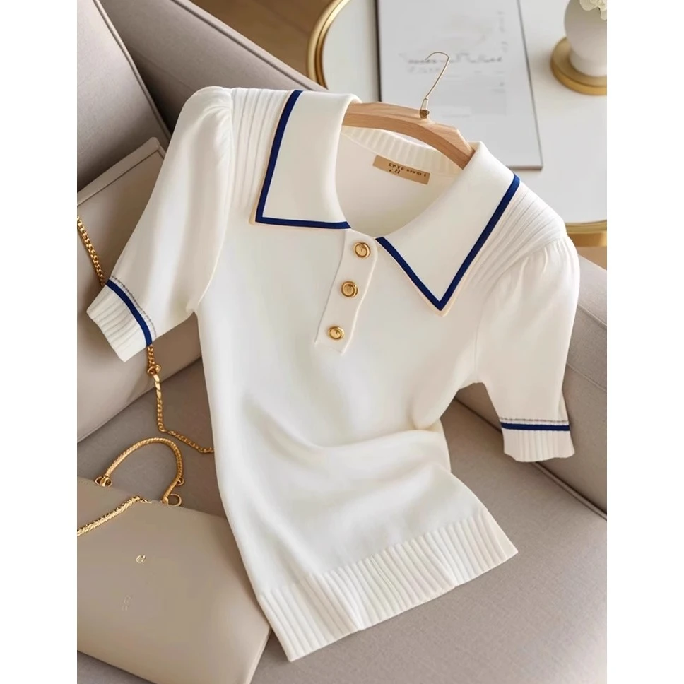 法式白色Polo领短袖T恤女2025年夏季新款高级感气质独特针织上衣