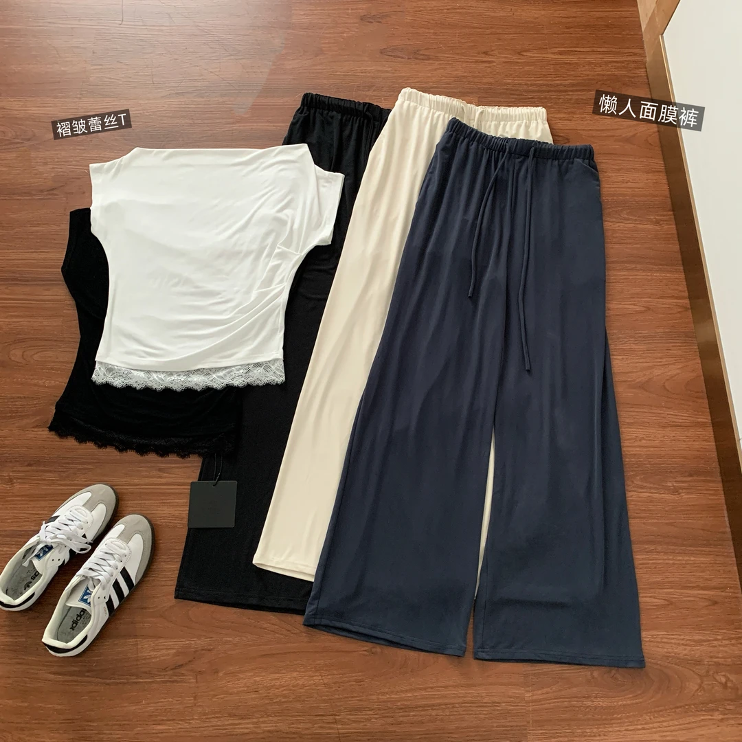 雾霾感不沾皮肤中低腰休闲裤女轻薄宽松阔腿裤+蕾丝拼接短袖上衣
