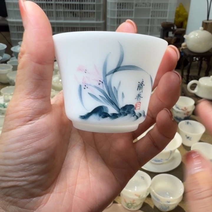 素烧冰种薄胎手绘客杯兰花三个