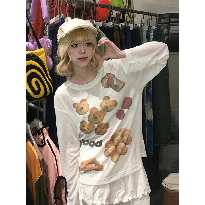 美式趣味小熊饼干印花长袖T恤女夏季宽松慵懒防晒罩衫微透上衣ins