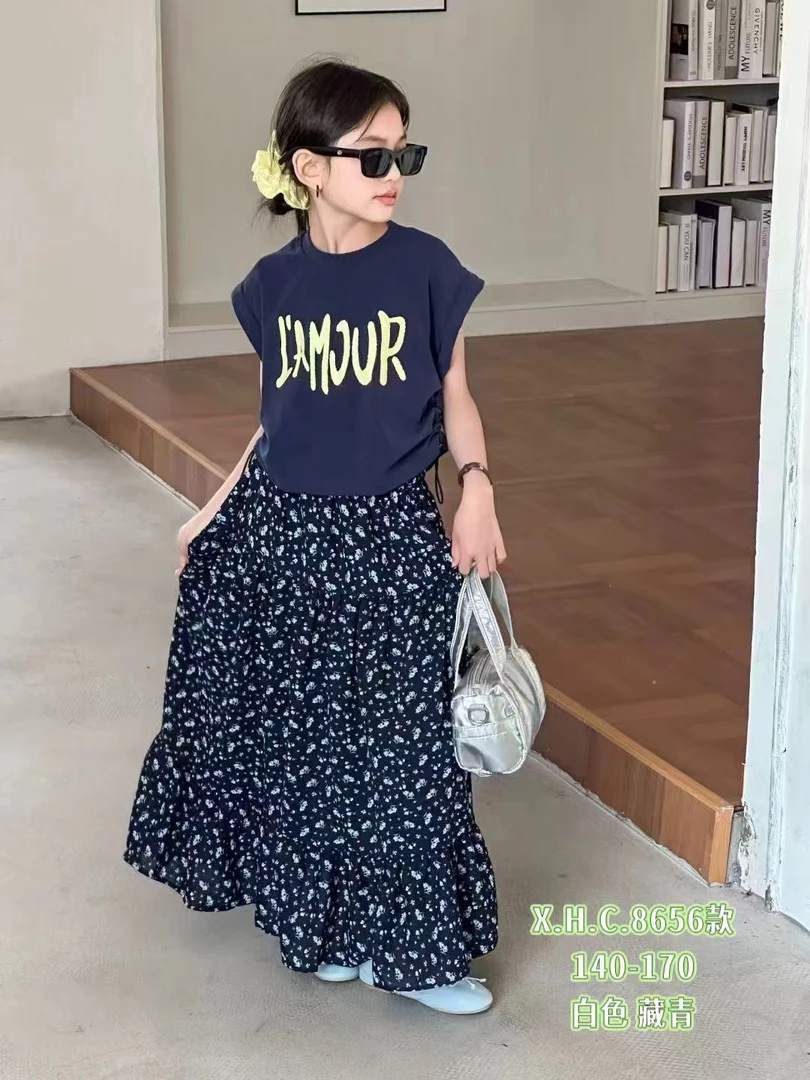 薄款字母女千金风夏季碎花套装短裙女童时尚洋气