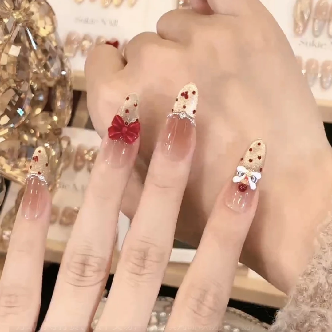 【心悦醒狮】纯手工香槟金丝绒大蝴蝶结波点猫眼美甲穿戴甲指甲贴片