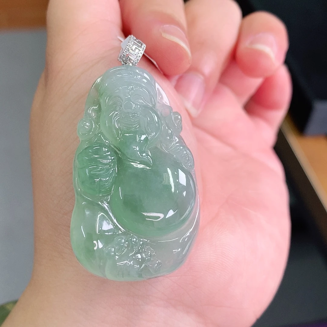 翡翠18K金镶嵌颈饰冰绿大财神爷45-28-7如