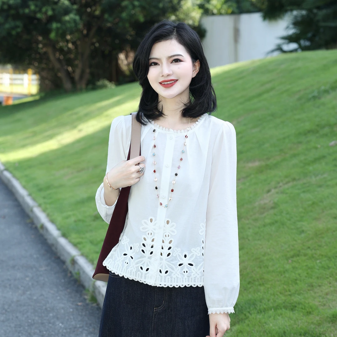 【定位刺绣】枫竺阿楠anan气质圆领纯棉衬衫女秋季通勤百搭外套衬衣